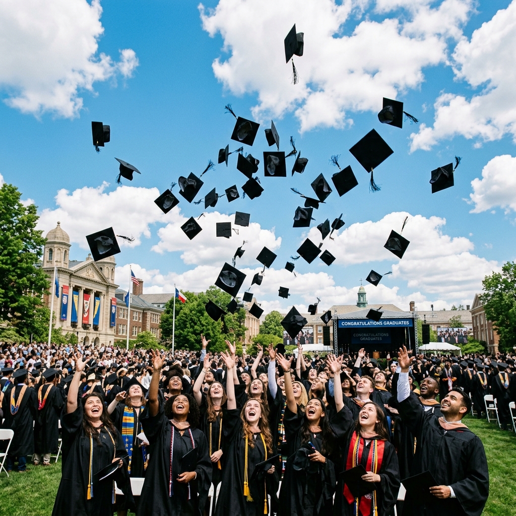 Graduates throwing caps in air